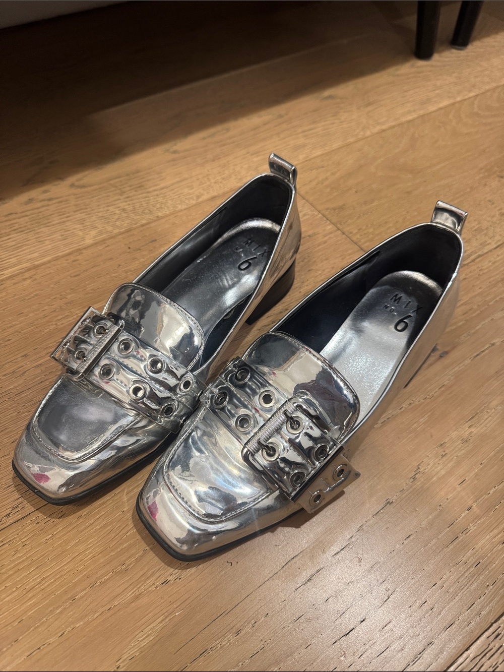 Metallic Silver Buckle Loafers - Women's Shoes